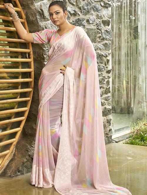 pink self design printed saree with blouse - 19597055 - Very Small Image - 1