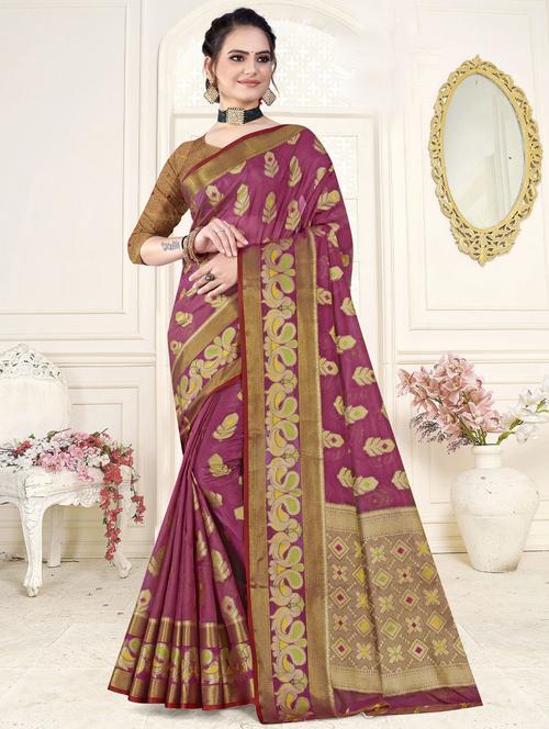 purple self design woven saree with blouse - 19597798 - Very Small Image - 1