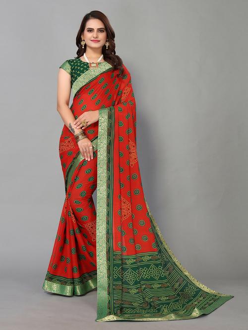 red  printed saree with blouse - 19602635 - Very Small Image - 1