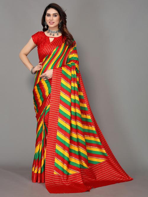 red  printed saree with blouse - 19602765 - Very Small Image - 1