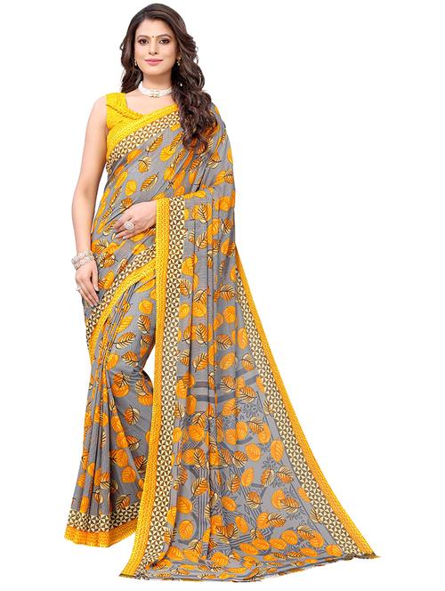 yellow  printed saree with blouse - 19602858 - Very Small Image - 1