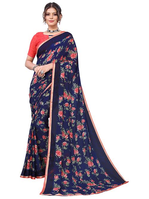 dark blue printed saree with blouse - 19602869 - Very Small Image - 1