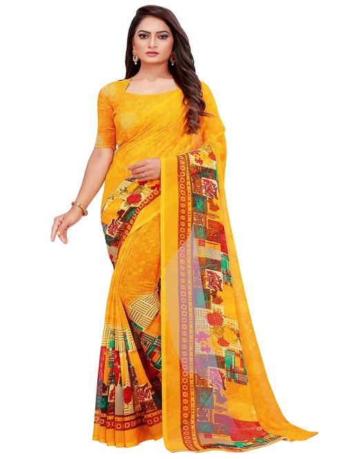 women's floral mustard colored saree with blouse - 19614274 - Very Small Image - 1