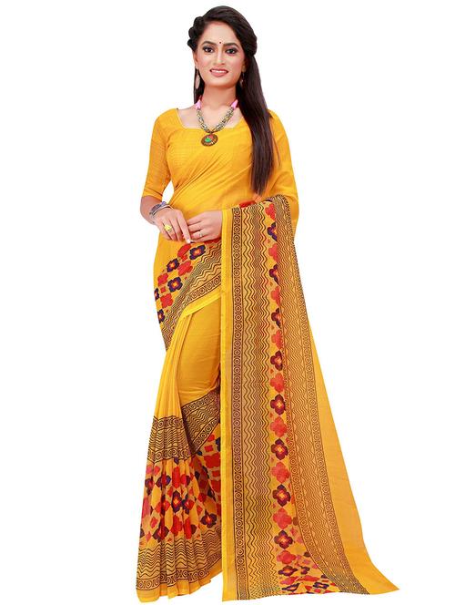 women's floral yellow colored saree with blouse - 19614278 - Very Small Image - 1