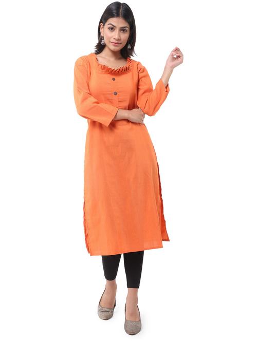orange round neck solid straight kurta - 19615188 - Very Small Image - 1