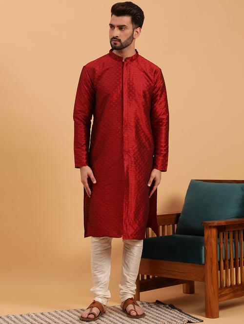 maroon self design kurta pyjama ethnic wear set - 19616508 - Very Small Image - 1