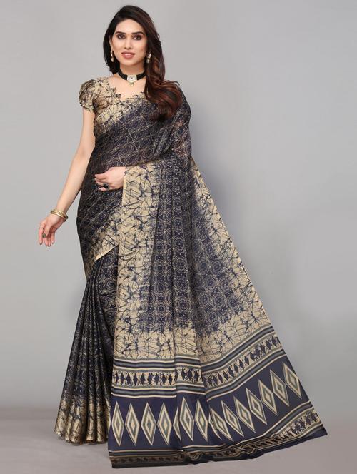 dark blue printed saree with blouse - 19617926 - Very Small Image - 1
