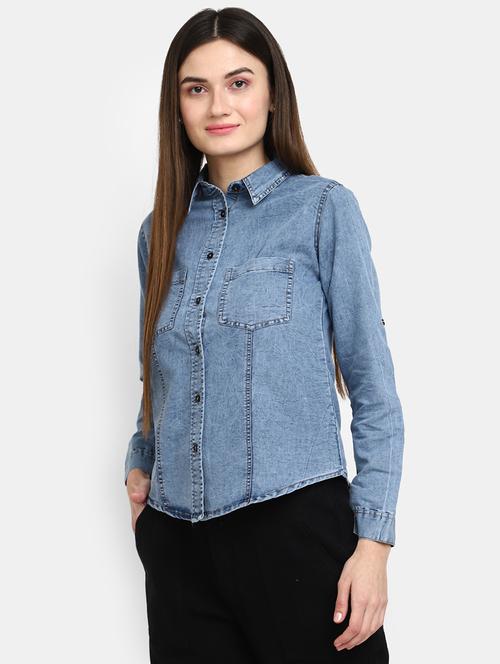 blue denim solid casual shirt - 19620047 - Very Small Image - 1