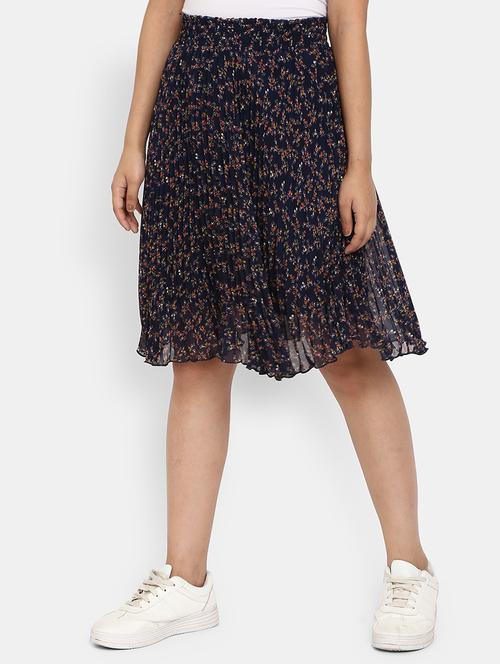 navy blue floral print pleated skirt - 19620086 - Very Small Image - 1