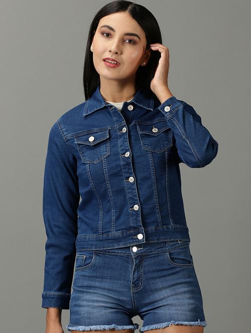 spread collar solid denim jacket - 19621795 - Very Small Image - 1