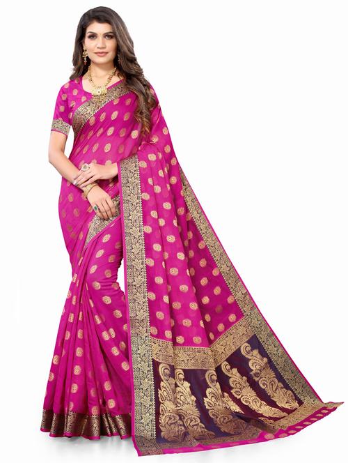 pink woven ethnic motif saree with contrast border with blouse - 19622308 - Very Small Image - 1