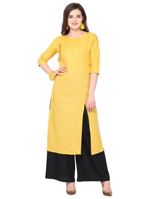 yellow cotton blend front slit kurta - 19625507 - Very Small Image - 1