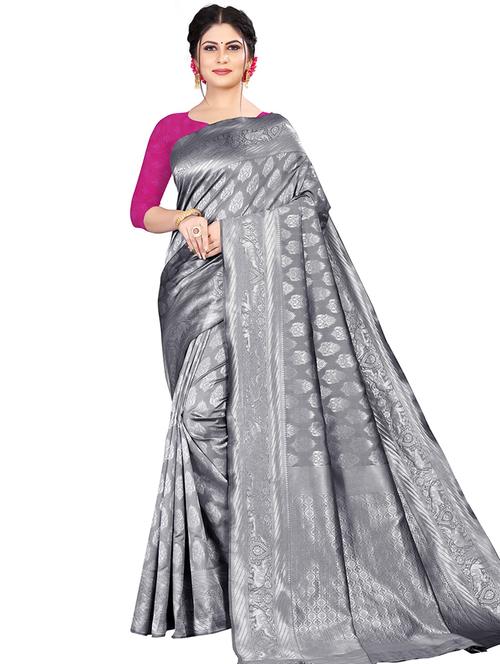 women's self design grey colored saree with blouse - 19630350 - Very Small Image - 1
