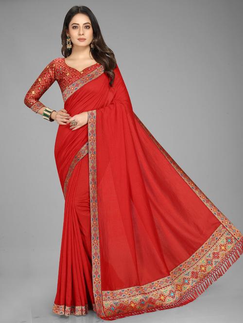 women's bordered red colored saree with blouse - 19630625 - Very Small Image - 1