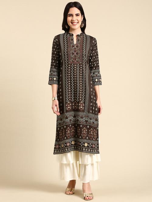 women brown printed mandarin neck kurta palazzo set - 19631388 - Very Small Image - 1