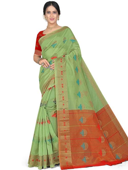 plain green saree with blouse - 19645015 - Very Small Image - 1