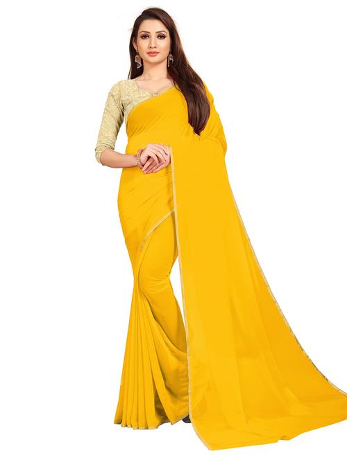 women's solid yellow colored saree with blouse - 19648795 - Very Small Image - 1