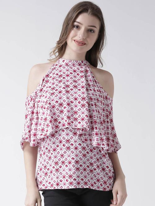 halter neck cold shoulder printed regular top - 19650685 - Very Small Image - 1