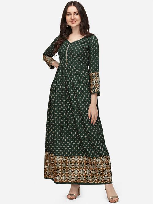 v neck gold print flared kurta - 19654127 - Very Small Image - 1