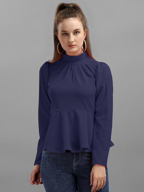 puff sleeves high neck solid peplum top - 19656595 - Very Small Image - 1
