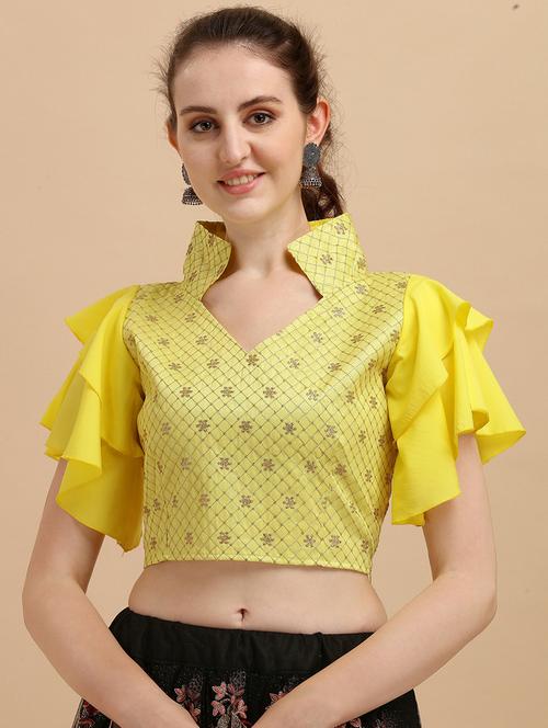 yellow self design embroidered crop top - 19656707 - Very Small Image - 1