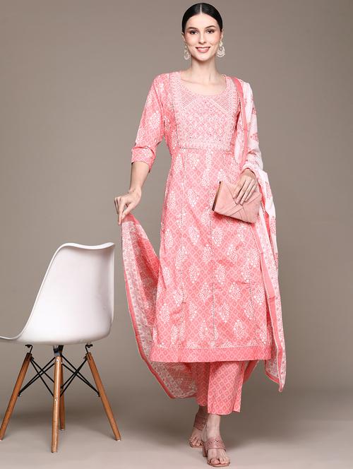 round neck kurta dupatta set - 19657362 - Very Small Image - 1