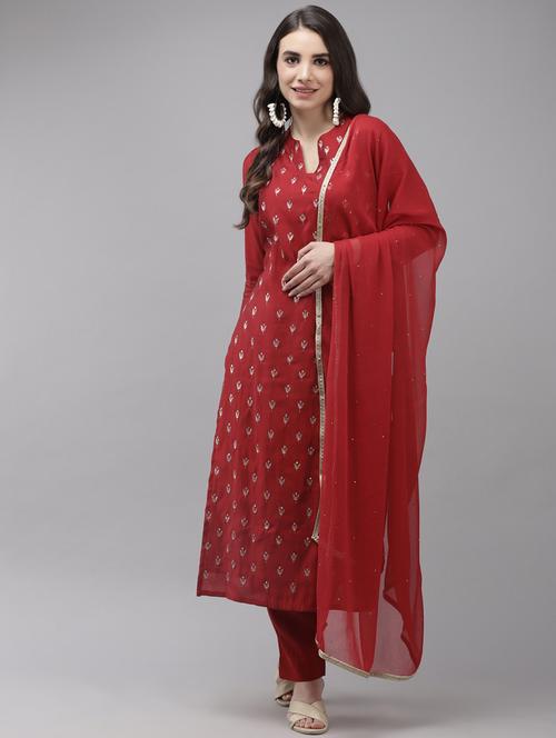 notch neck kurta pant dupatta set - 19657370 - Very Small Image - 1