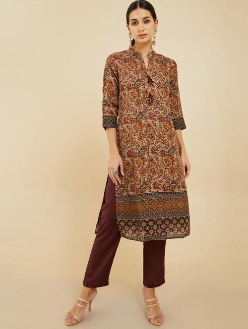 notch neck linen a-line kurta - 19659234 - Very Small Image - 1