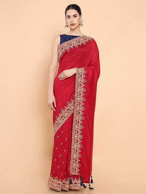 women's solid red colored saree - 19659359 - Very Small Image - 1