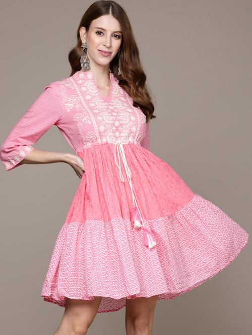 women mandarin collar embroidered empire line dress - 19659618 - Very Small Image - 1