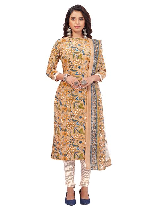 beige printed churidaar unstitched suit - 19660164 - Very Small Image - 1
