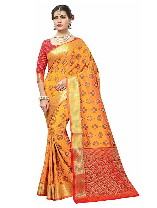 yellow silk blend kanjivaram saree with blouse - 19664160 - Very Small Image - 1