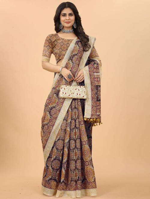 women's ajrakh brown colored saree with blouse - 19664448 - Very Small Image - 1