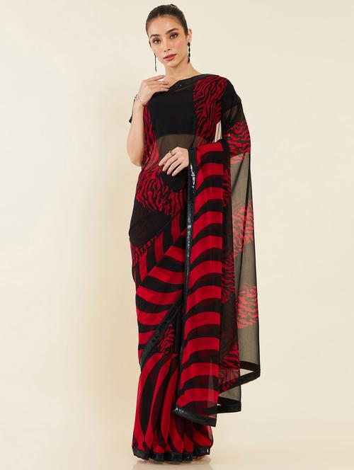 women's animal print red colored saree with blouse - 19665637 - Very Small Image - 1