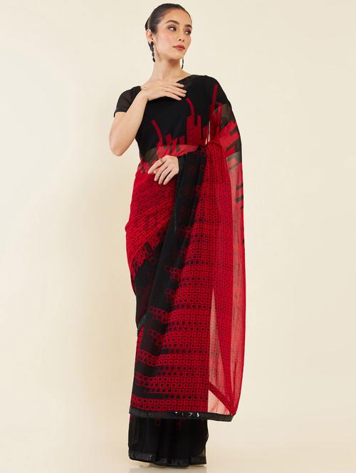 women's graphic red colored saree with blouse - 19665638 - Very Small Image - 1