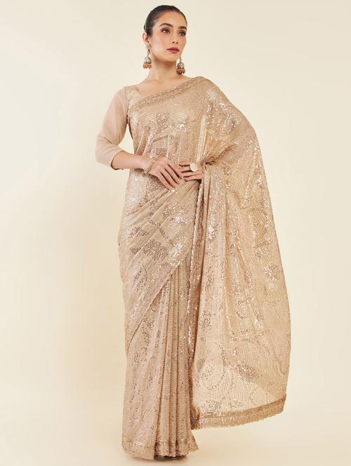 beige self design sequin embroidered saree with blouse - 19665663 - Very Small Image - 1