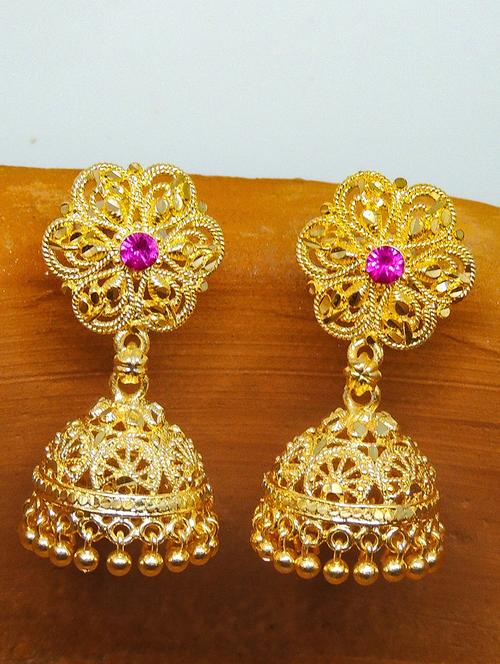 gold brass jhumka earring - 19667283 - Very Small Image - 1