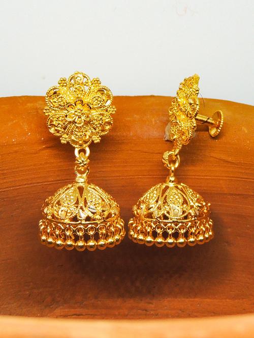 gold brass jhumka earring - 19667302 - Very Small Image - 1