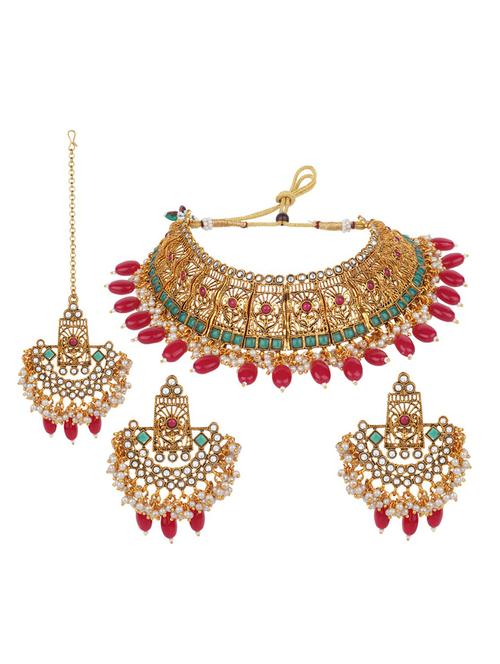 matushri art indian traditional necklace with earrings and maang tikka - 19668474 - Very Small Image - 1