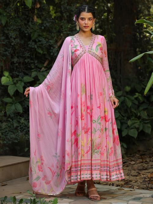 pink printed ethnic dress with dupatta - 19670399 - Very Small Image - 1