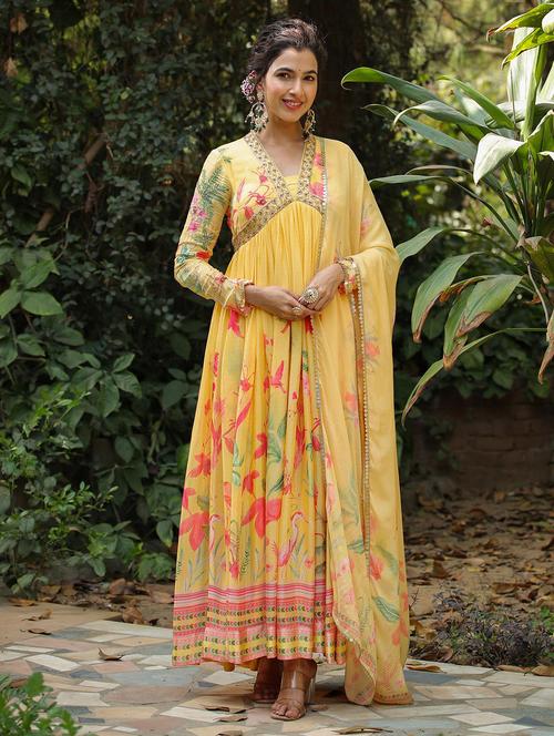 yellow printed ethnic dress with dupatta - 19670400 - Very Small Image - 1