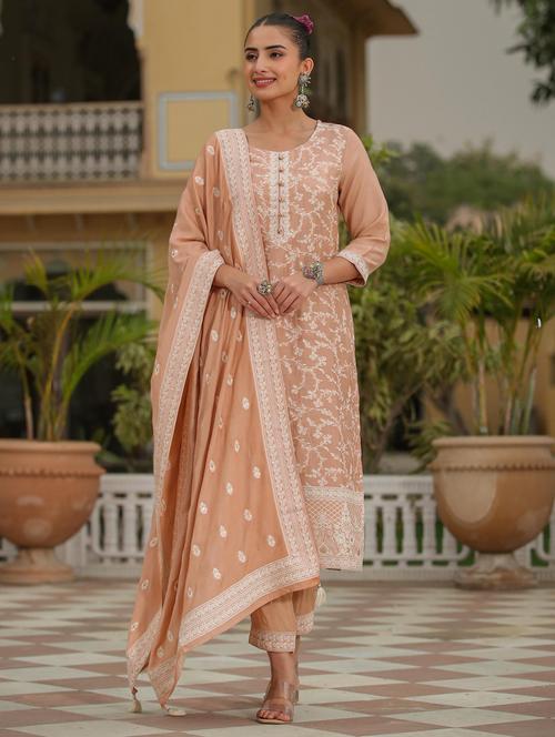 beige embroidered three quarter sleeve suit set - 19670445 - Very Small Image - 1