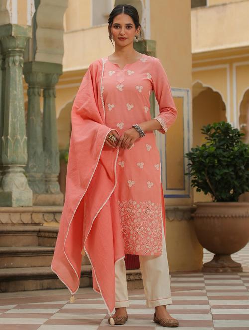 peach chikankari three quarter sleeve suit set - 19670446 - Very Small Image - 1