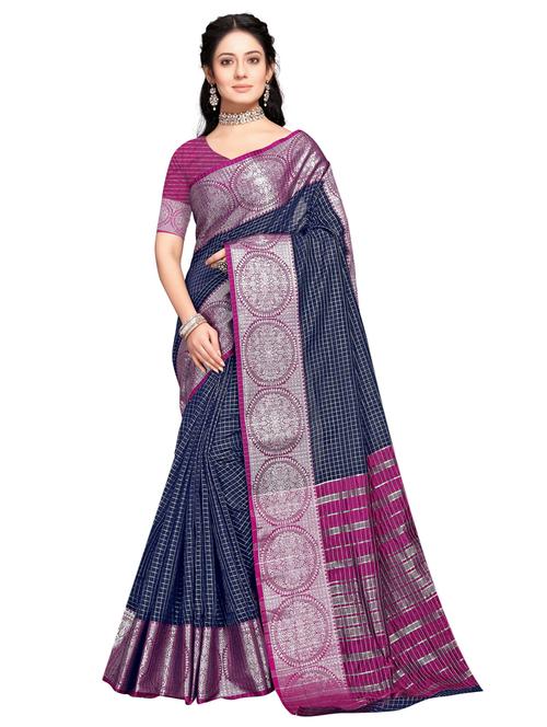 dark blue cotton handloom saree with blouse - 19671753 - Very Small Image - 1