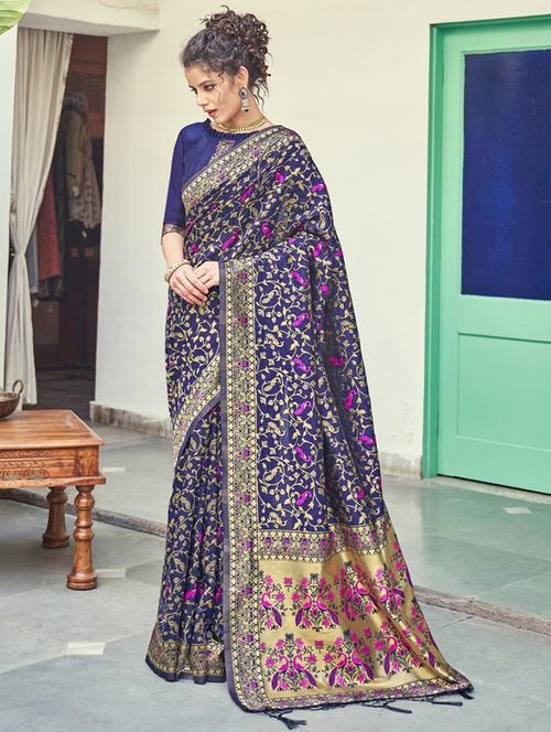 dark blue cotton banarasi saree with blouse - 19671899 - Very Small Image - 1