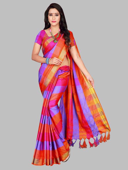 women's checks multi colored saree with blouse - 19672399 - Very Small Image - 1