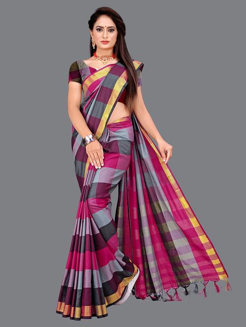 women's checks multi colored saree with blouse - 19672415 - Very Small Image - 1