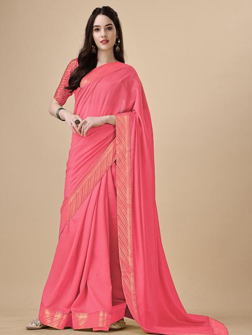 solid bordered saree with blouse - 19672665 - Very Small Image - 1
