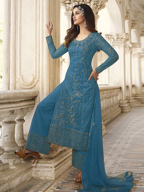 blue embroidered semi-stitched palazzo suit  - 19684851 - Very Small Image - 1