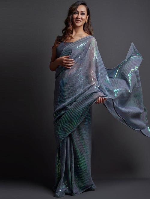 solid sequins woven saree with blouse - 19690446 - Very Small Image - 1